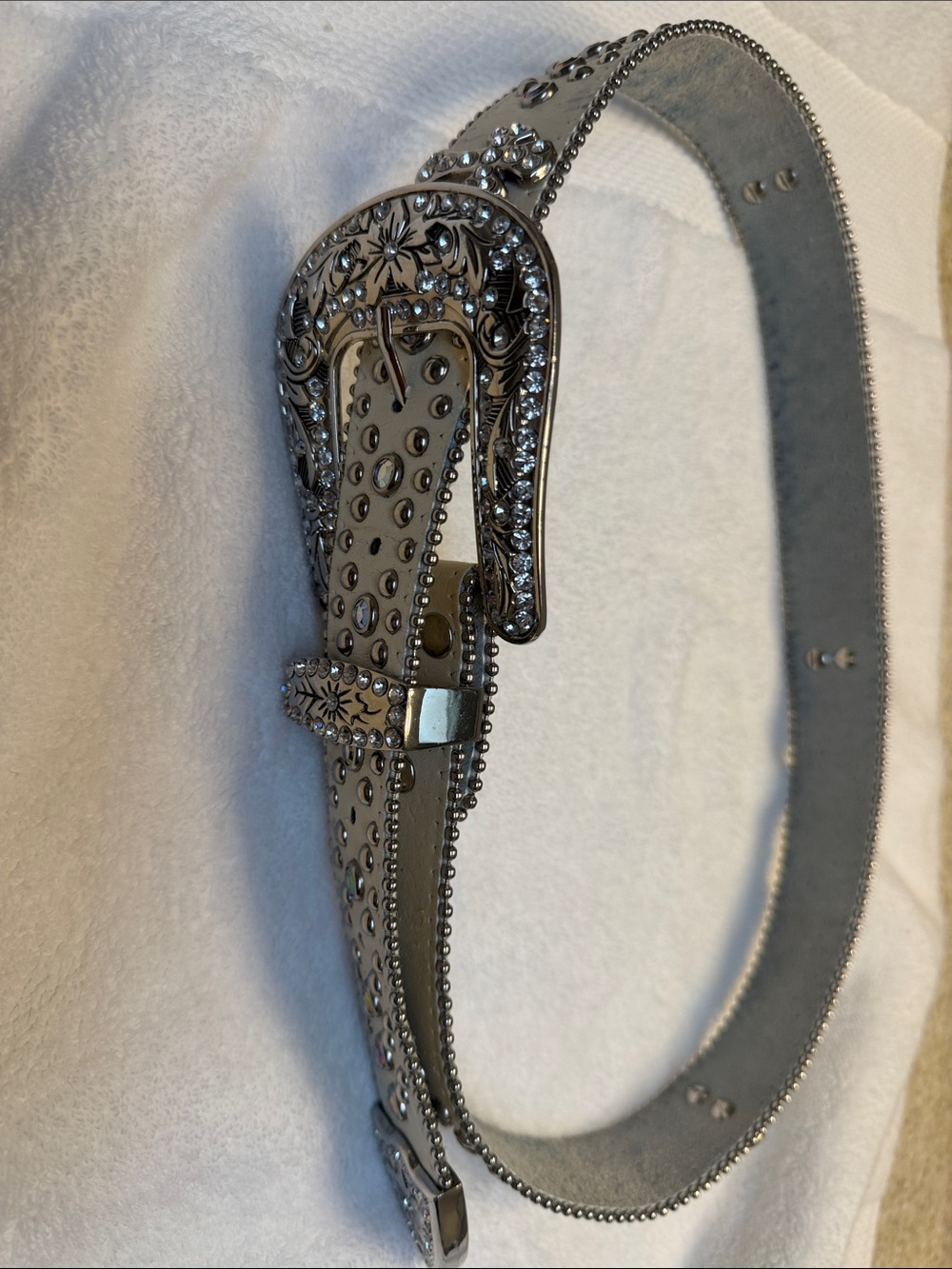 Embellished Silver Rhinestone Western Buckle Belt - Women